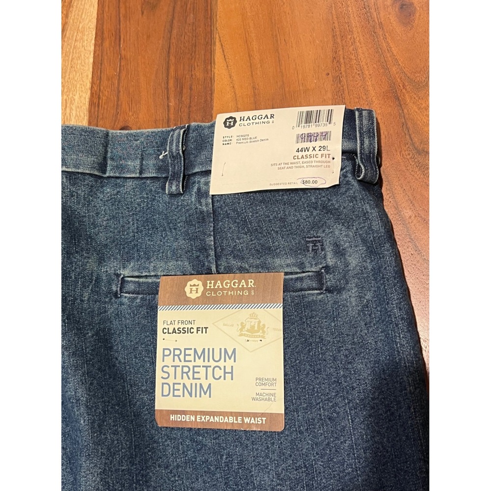 Haggar Mens Premium Stretch Denim Classic Fit Flat Front Blue Jeans 44W x 29L